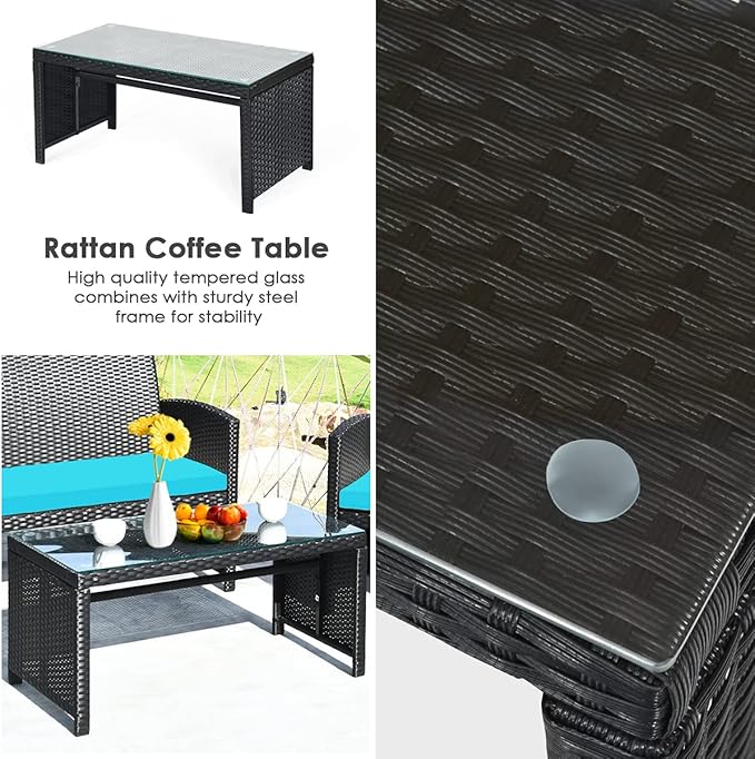 Tangkula 8 Pieces Patio Wicker Conversation Furniture Set, Patiojoy Sofa & Table Set w/4 Seats, Outdoor Rattan Sofa Set for Balcony Backyard, Wicker Chair Set with Tempered Glass Coffee Table