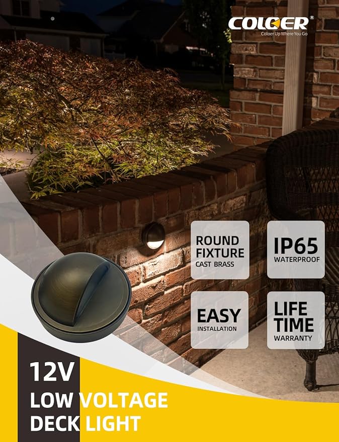 COLOER LED Deck Lights, Low Voltage IP65 Waterproof Landscape Lighting, Brass Step Railing Fence Light, Outdoor Fence Lights, Landscape Pathway Light, 72 inch Wired (4-Pack with Bulb)