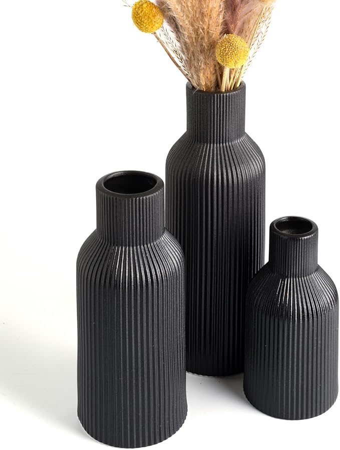 Black Ceramic Vases Set of 3, Black Ribbed Decorative Vases - Table Centerpieces for Wedding, Living Room, Office & Shelf Decor