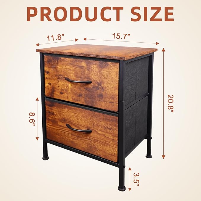 Nightstand with Fabric Bins, Bedside Furniture, Night Stand, End Table Nightstand Storage Tower Unit Organizer with 2 Fabric Bins for Living Room (Rust Brown)