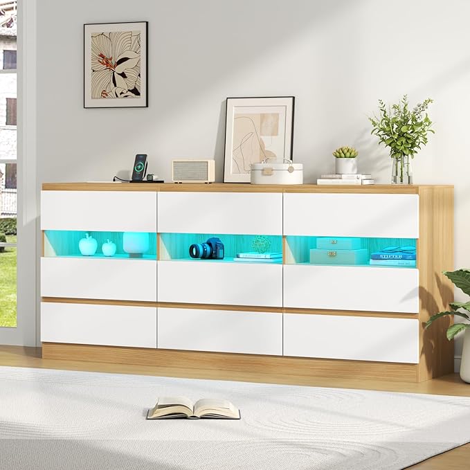 Loomie 9 Drawer Triple Dresser with Charging Station & Led Lights for Bedroom,Long 63" Dresser TV Stand for TVs up to 75",Wide Large Drawer Dressers Organizer with 3 Cubbies for Hallway, Light Wood