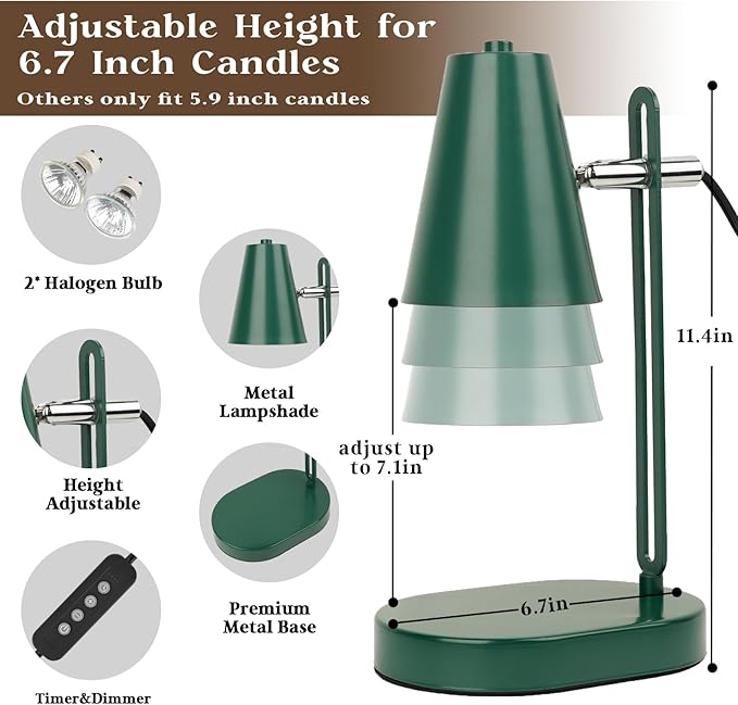 Green Candle Warmer Lamp with Timer, Adjustable Dimmable Candle Lamp Warmer, Candle Lamp with 2 Bulbs for Jar Candles & Scented Wax, Christmas Gifts, Candle Warming Lamp for Bedroom Living Room