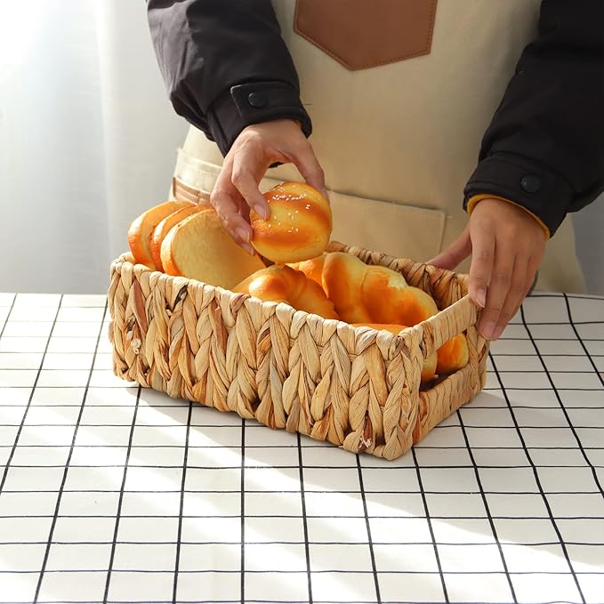 YAHUAN Woven Water Hyacinth Baskets for Organizing, Rectangular Wicker Baskets with Built-in Handles, Small Storage Baskets for Shelves, Kitchen, Make-Up,Toilet Tank Paper(Water Hyacinth 1-Pack)
