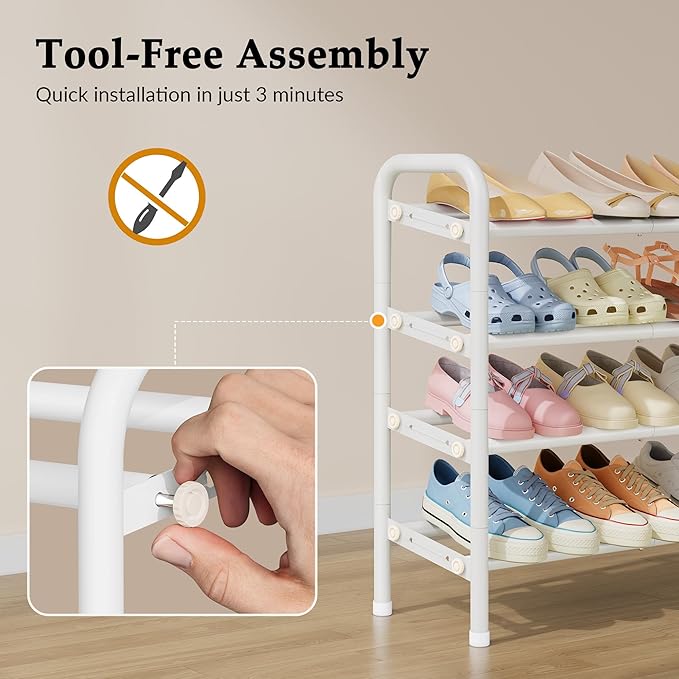 Shoe Rack for Closet,4 Tier Shoe Organizer, 28“ Metal Shelf Can Expandable to 42“, for Bedroom, Entryway, Living Room, Garage, Adjustable to 24 Pairs Shoes, White