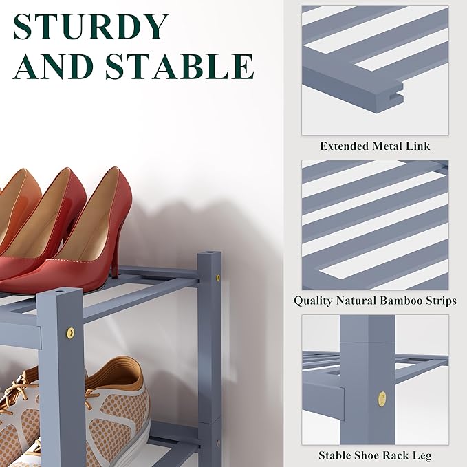 Smiry Bamboo Shoe Rack for Closet, 2 Tier Wooden Stackable Shoe Organizer, Free Standing Shoes Storage Shelf for Entryway, Front Door Entrance, Grey