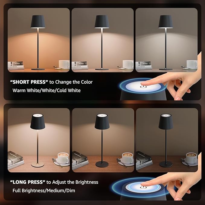 uuffoo 2 Pack Rechargeable Table Lamp Battery Operated Cordless Table Lamps with 3 Colors Stepless Dimming, Desk Night Light for Restaurant, Patio, Bedroom, Bar (Black)
