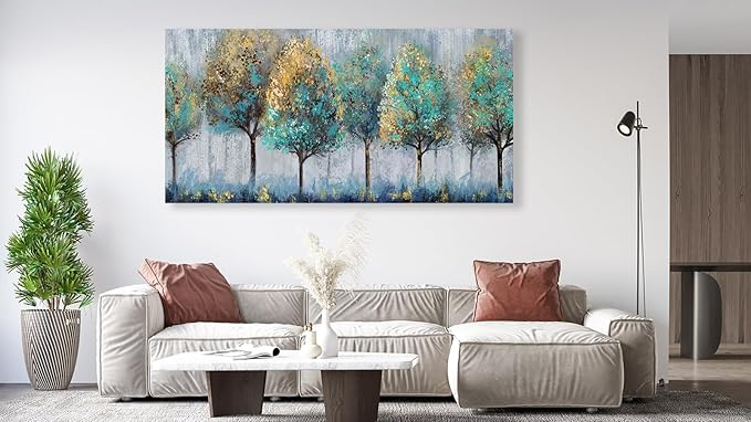 NINEASO Abstract Forest Canvas Wall Art - Teal Yellow Trees Pictures Grey Blue Earthy Wall Decor Modern Botanical Painting Print Artwork for Living Room Bedroom Home Office Decor 20" x 40"