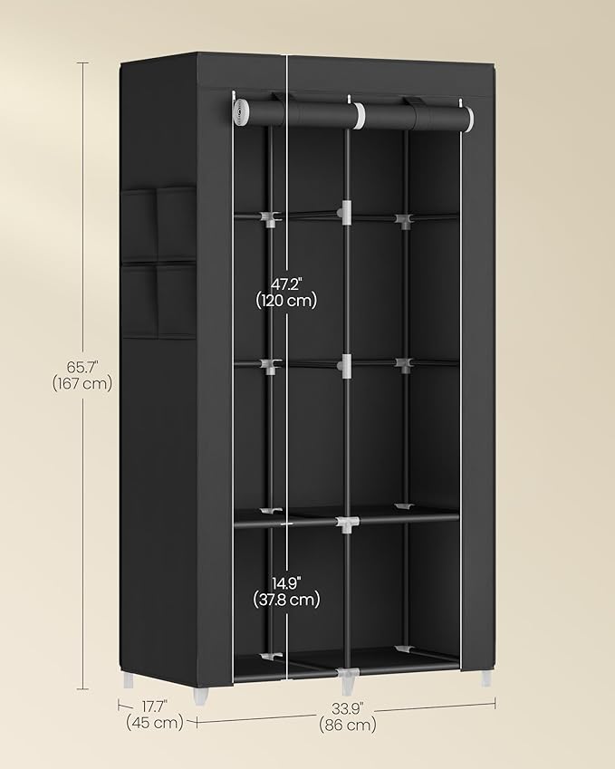 SONGMICS Portable Closet, Wardrobe Closet Organizer with Cover, 2 Hanging Rods and Shelves, 4 Side Pockets, 33.9 x 17.7 x 65.7 Inches, Large Capacity for Bedroom, Living Room, Ink Black URYG091B01
