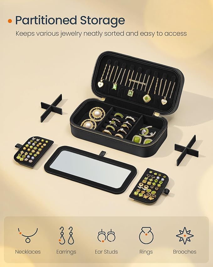 SONGMICS HOME Travel Jewelry Case, Small Jewelry Box Organizer with Mirror, 4.1 x 8 x 2.4 Inches, PU Surface with Stitching, Portable, Ink Black, ANAH Collection UJBC180B01