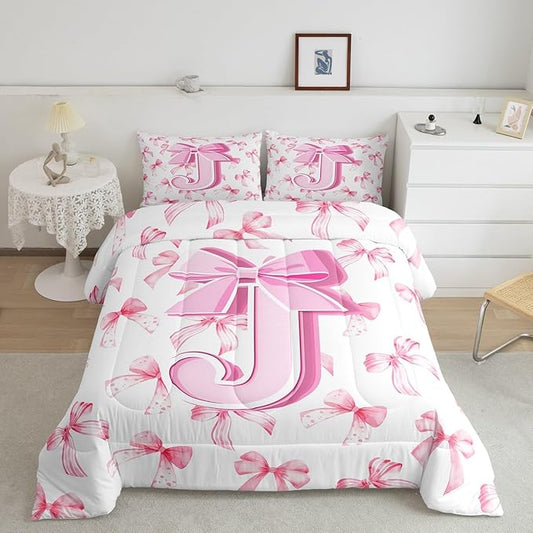 jejeloiu Kids Girls Cute Pink Bow Comforter Set Toddler Size Monogrammed Bedding Set Ultra Soft Personalized Initial J Duvet Quilt Coquette Bow Knot Quilt Set Room Decor Modern Fashion Comforter