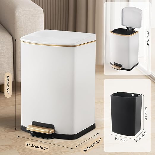 ELPHECO Bathroom Trash Can with Lid 4 Gallon / 15.1 Liter Stainless Steel Garbage Bin with Pedal White Trash Can with Removable Inner Bucket for Kitchen (Matte White)