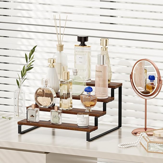 Giikin Display Risers, 4 Tier Display Stand for Perfume, Makeup, Figures and Dolls Collection, Tiered Display Stand Risers for Retail Display Cupcake Display, Counter Shelves for Kitchen Bathroom Shop