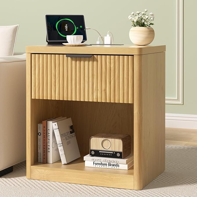 HOMMPA 22'' Fluted Nightstand with Charging Station, Modern Bedside Table w/Storage, End Table w/Drawer & Open Compartment, Wooden Bedside End Table for Bedroom, Living Room, Curved Profile Design