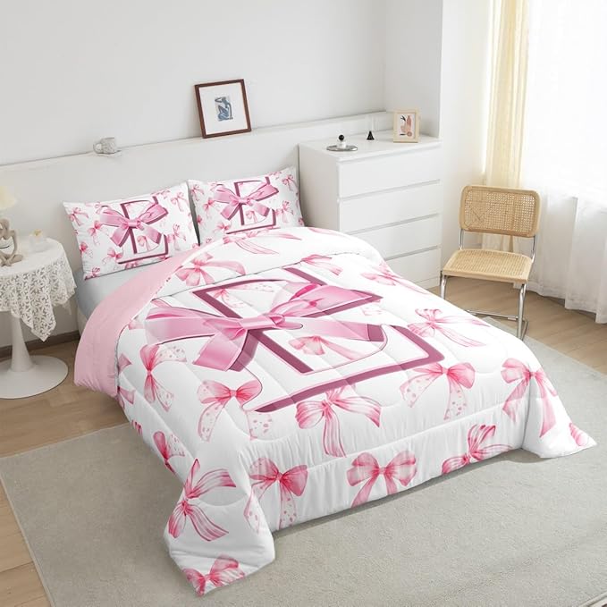 jejeloiu Kids Girls Cute Pink Bow Comforter Set Full Size Monogrammed Bedding Set Ultra Soft Personalized Initial E Duvet Quilt Coquette Bow Knot Quilt Set Room Decor Modern Fashion Comforter