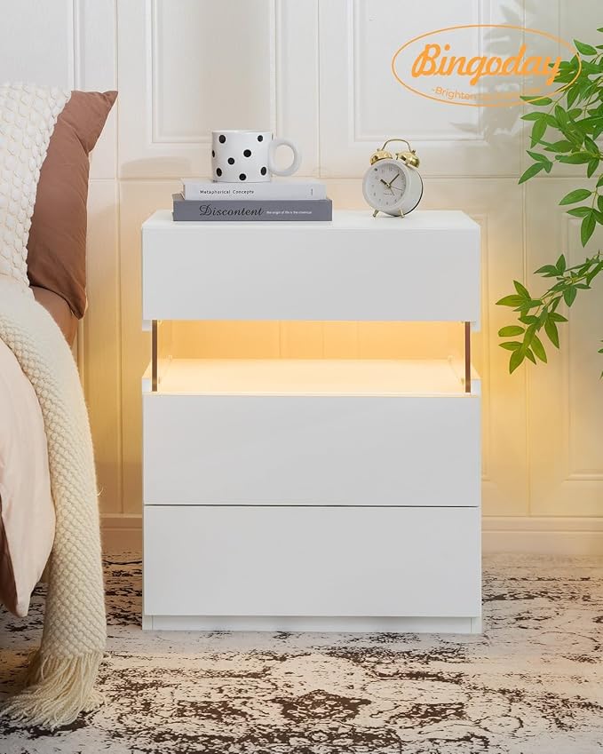 Bingoday White Nightstands Set of 2 LED Nightstand White with Gun Drawers Set of 2 Bedside Tables White LED Lights for Bedroom White