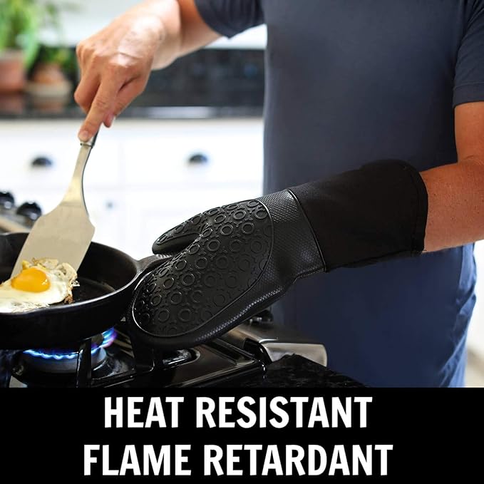 HOMWE Silicone Oven Mitts and Pot Holders, 4-Piece Set, Heavy Duty Cooking Gloves, Kitchen Counter Safe Trivet Mats, Advanced Heat Resistance, Non-Slip Textured Grip (Yellow)