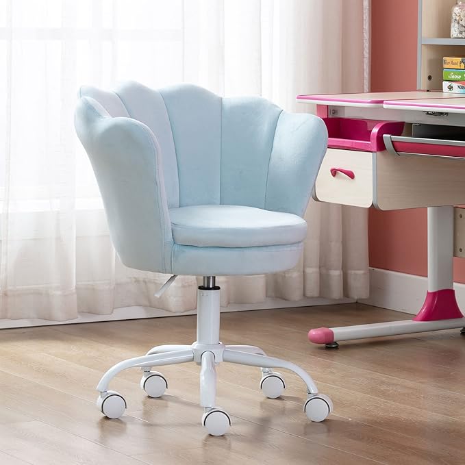 Velvet Kids Desk Chair Cute Computer Chair Modern Upholstered Swivel Arm Chair Adjustable Rolling Vanity Chair for Bedroom Living Room Girls (Blue)