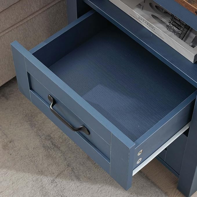 Farmhouse Nightstand Set of 2 with Charging Station & Drawers, Blue Wood Bedside Table, End Table with 2 Storage Drawers & USB Ports for Bedroom, Dorm, Blue