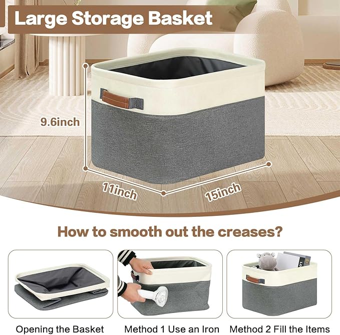 GhvyenntteS Large Fabric Storage Baskets for Shelves with Metal Frame Opening & Hard Bottom Board, Collapsible Fabric Storage Bins for Shelves with Handles (15x11x9.6 Inch, 6 Pack, Grey)