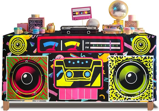 6FT 80s 90s Theme Party Tablecloth, 80s 90s Decorations for Back to 80s 90s Hip Hop Birthday Party