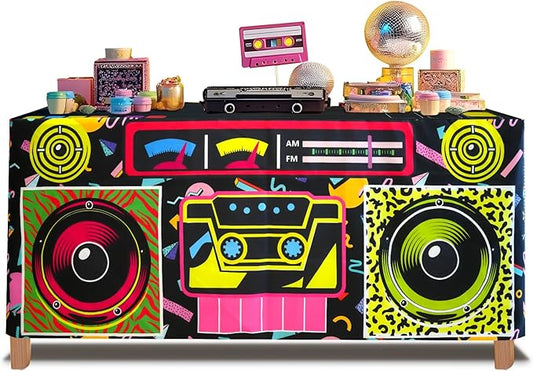 6FT 80s 90s Theme Party Tablecloth, 80s 90s Decorations for Back to 80s 90s Hip Hop Birthday Party