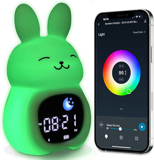 Bumble & Bright Go & Glow Bunny App Control Kids Alarm Clock – Digital Sleep Trainer with USB-C Corded, 8 Night Light Colors, 6 Soothing Sounds, 12/24H Routine Trainer, Gift for Boys & Girls