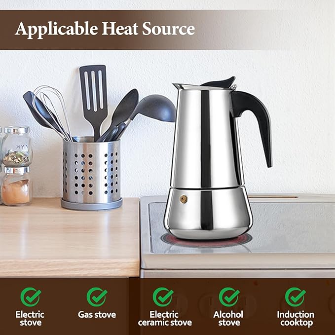 2 Cup Moka Pot Percolator Italian Coffee Maker 100ml Stovetop Espresso Mocha Stainless Steel Greca Coffee Maker Classic Cafe Makers Suitable for Induction Cookers Ceramic Stoves Tummy