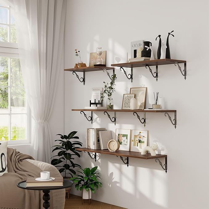 Deep Floating Shelves, 16" W x 12" D Wall Shelves Set of 2, Wide Display Shelf Wall Mounted with Brackets, Bookshelf for Living Room, Bathroom, Bedroom, Walnut
