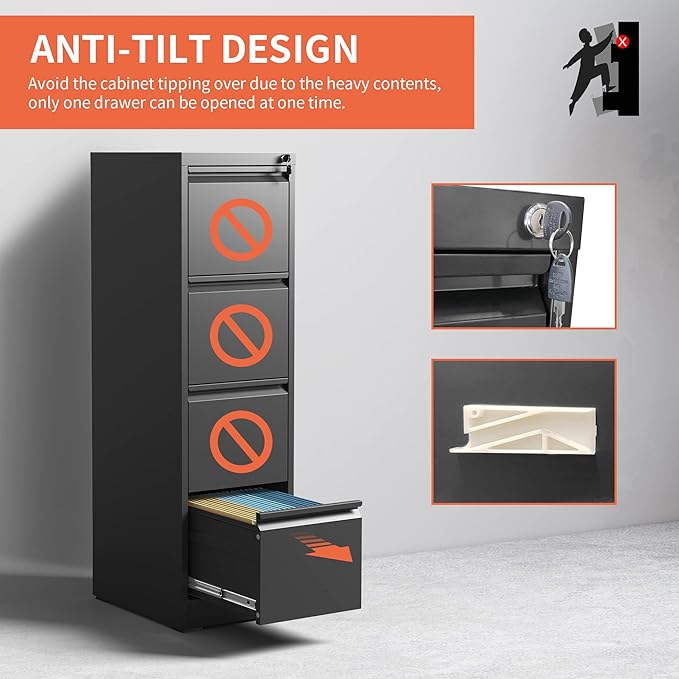 4 Drawer File Cabinet,Metal Filing Cabinets with Lock,Black Vertical File Cabinet for Home Office,Heavy Duty Metal Storage Cabinet for A4/Letter/Legal Size File,Assembly Required