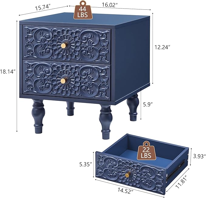 Nightstand, Farmhouse Bedside Table with 2 Drawers and Metal Handles, Wood Sofa Side Table End Table Accent Dresser for Bedroom, Living Room (Blue)