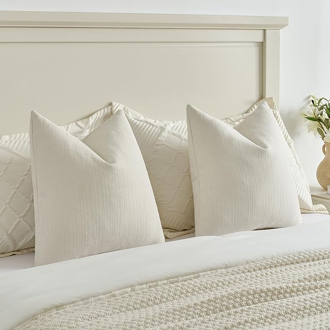 FUTEI Cream White Decorative Throw Pillow Covers 24x24 Inch Set of 2,Soft Cozy Wheat Ear Striped Patterns European Cushion Cases,Modern Home Decor for Couch Bed Living Room