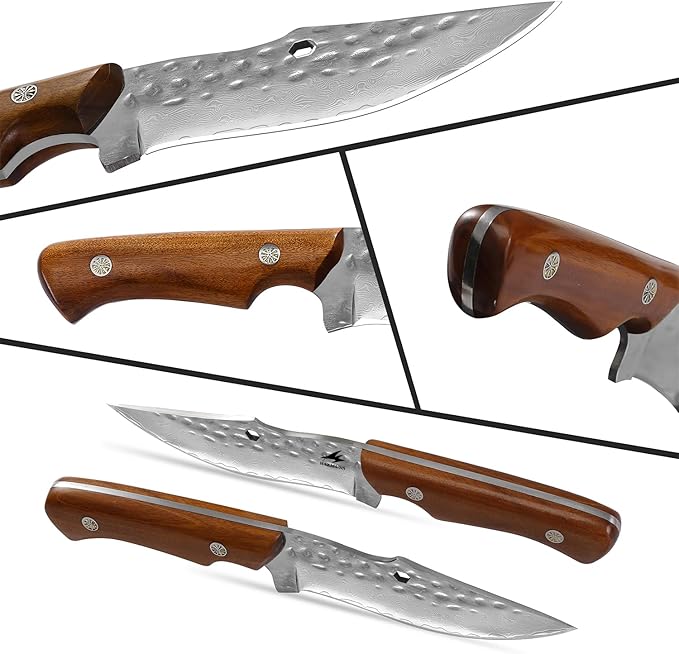 Meat Cleaver with Leather Sheath, Hand Forged Kitchen Utility Knife, 4.3" - Damascus Steel Blade for Cutting Meat, BBQ Brisket Knives for Home Outdoor Camping, Full Tang