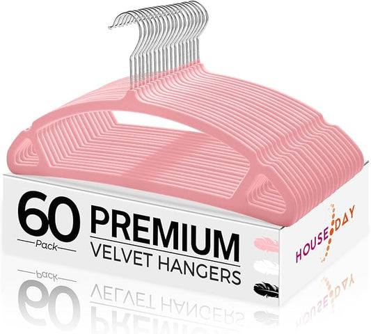 HOUSE DAY Pink Velvet Hangers 60 Pack, Luxury Felt Hangers Non Slip Space Saving Pink Clothes Hanger Heavy Duty Coat Hanger, No Shoulder Bump Focked with 360° Swivel Hook for Closet