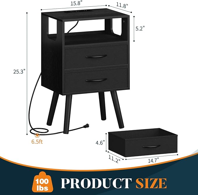 Yoobure LED Night Stand with Charger Station, Mid Century Modern Nightstand with Fabric Drawers, Bedside Table Nightstands with Storage Shelf, Bed Side Table Small Night Stands for Bedroom Living Room
