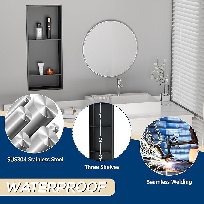 Stainless Steel Shower Niche 12" X 29", No Tile Needed Wall Niche Three-Tier, Recessed Shower Shelf for Bathroom Storage, Matte Black