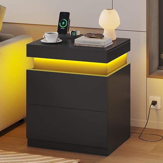 ADORNEVE Black Nightstand Set of 2,Night Stand with Charging Station & LED Light & Sliding Top,Bedside Table with Drawers,Modern Bed Side Tables Bedroom