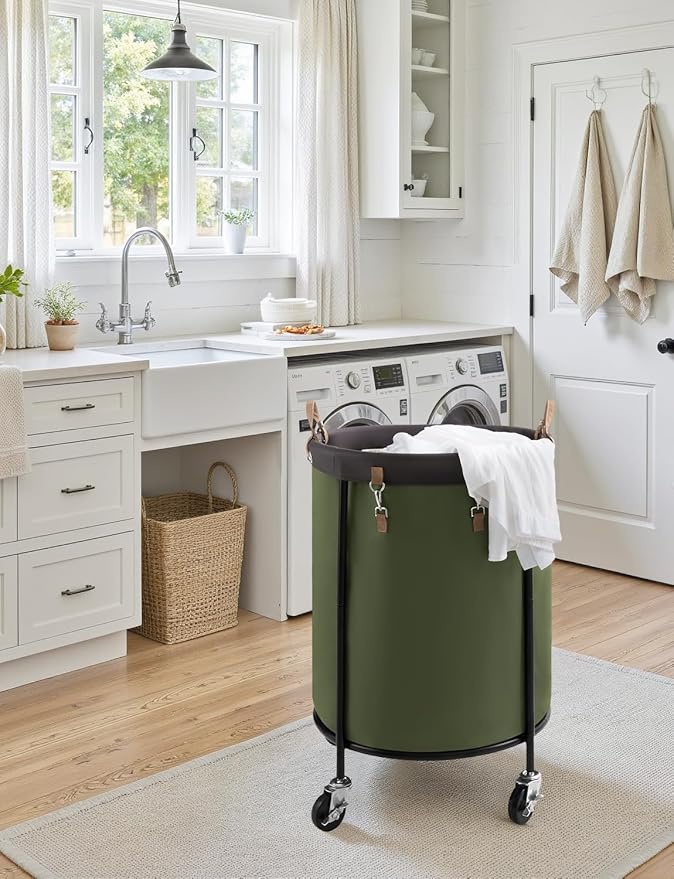 StorageWorks 170L Rolling Laundry Basket, Clothes Hamper with Wheels, Round Clothing Cart with Steel Frame and Removable Bag, 4 Casters and 2 Brakes, Green, 1-Pack
