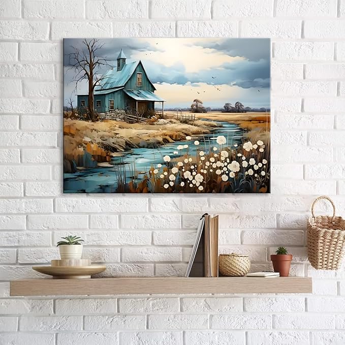 CYULWNNO Farmhouse Wall Art Barn Farm Landscape Painting Pictures Decor Blue Farm Nature Wildflower Rustic Scenery Canvas Prints Artwork Frame Living Room Bedroom Bathroom Wall Decor 12"x16"