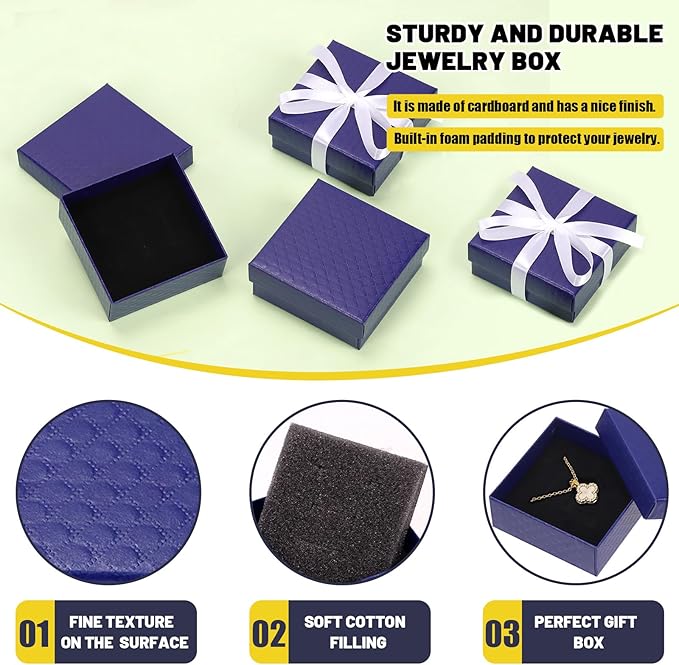 Glarks 17pcs Dark Blue 2.95 x 2.95in Jewelry Gift Boxes with Pink Scissors and White Polyester Ribbon Set, Diamond Pattern Necklace Earring Bracelet Boxes Gift Case Ideal