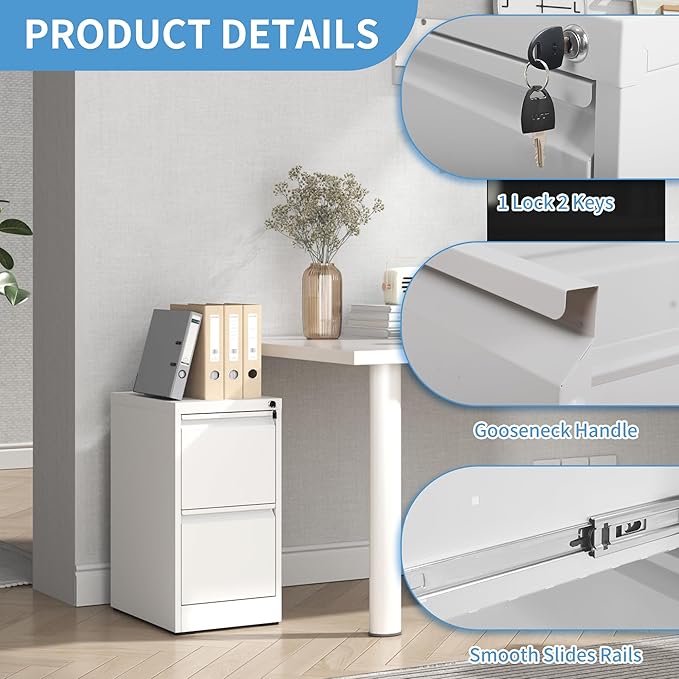 AQY File Cabinet with Lock, Metal Filing Cabinets for Home Office, 18" Deep Vertical Storage Drawer for Hanging A4/Letter/Legal Size Files, Assembly Require(White, 2 Drawers)