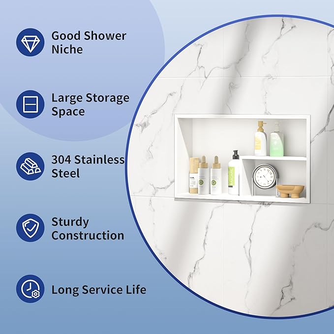 Stainless Steel Shower Niche 12"×24" White with Shelf No Tiled Needed Horizontal Niche Shower for Bathroom Wall Recessed Shower Shelf