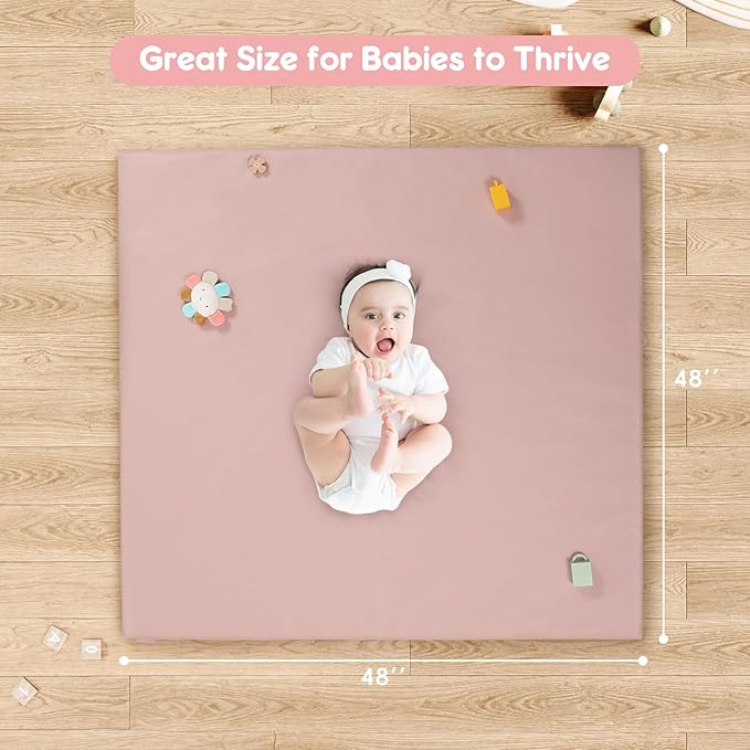 Padded Baby Play Mat, Super Soft Vegan Leather Floor Mat for Baby Girls and Boys, 48x48 Non-Slip Thick Foam Cushioned Play Mat for Babies 6-12 Months, Fits Nicely Into 50x50 Playpen Mat, Pink
