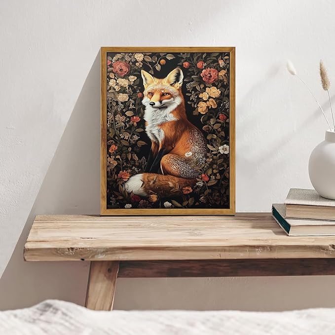Djmwtb Framed Vintage Wall Art, Fox wall Decor,Nature Botanical Wall Art for Bedroom Decor, Flower Pictures Paintings Animal Canvas Artwork Prints for Living Room 16x24in