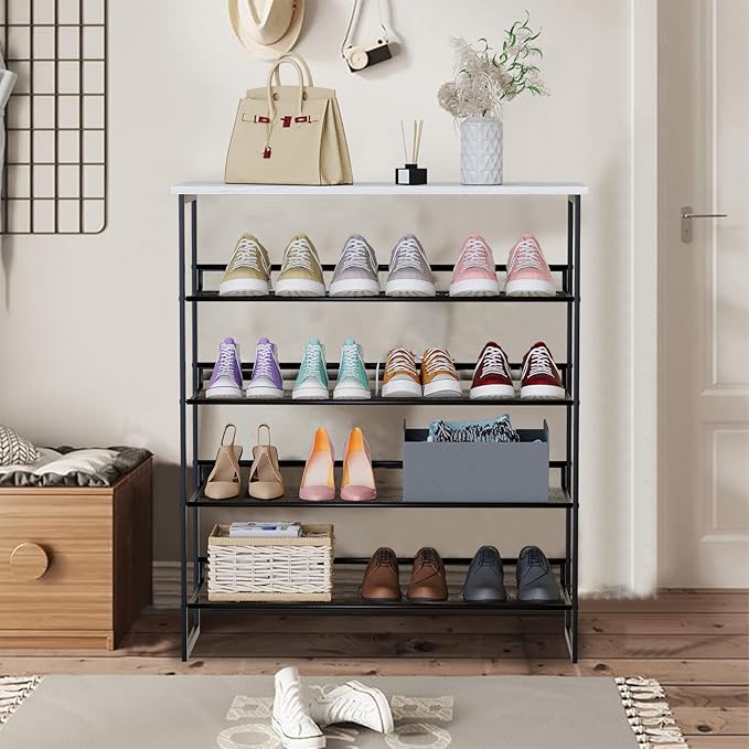 Garden 4 you 5 Tiers Shoe Rack,Multi-Purpose Adjustable Flat and Slant White Marble Freestanding Organizer Storage Rack Shoe Shelf, High Heels Potted Plant for Entryway Hallway Living Room Closet