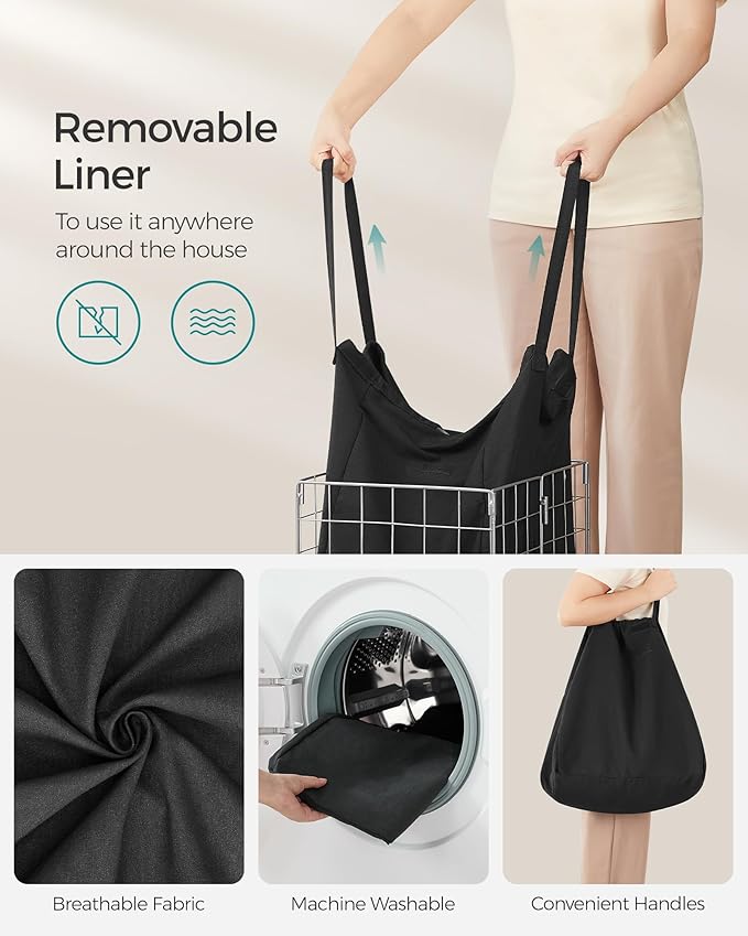 SONGMICS Laundry Hamper, 11 Gal. (50L) Laundry Basket, Collapsible Clothes Hamper, Removable and Washable Liner, Metal Wire Frame, for Bedroom Bathroom, Silver and Classic Black ULCB150B01