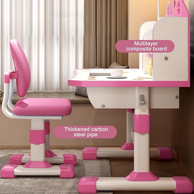 Kids Functional Desk and Chair Set, Ergonomic Height Adjustable Children School Study Desk with Bookstand Widened, Study Table Storage Drawer for Boys Girls(Pink) Pink