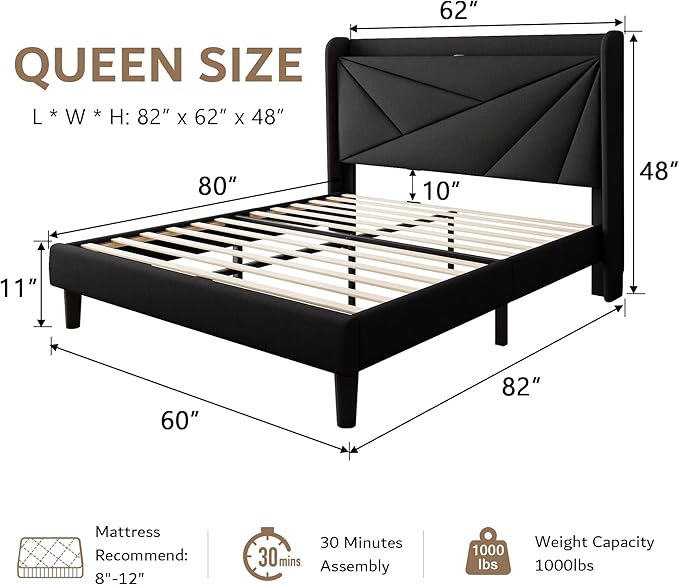 iPormis Queen Size Bed Frame with Charging Station, Linen Platform Bed Frame with Wingback Headboard Upholstered Bedframe, Solid Wood Slats Support, No Box Spring Needed, Easy Assembly, Black