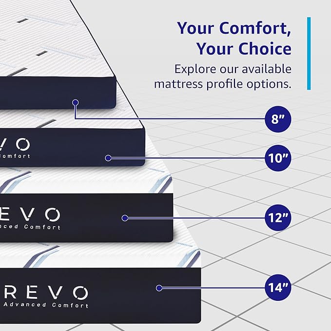REVO Sleep Gel Memory Foam Mattress, 12-Inch Queen – Cooling Mattress with Pressure-Relieving Gel Foam, Contouring Support & Breathable Comfort for Restful Sleep