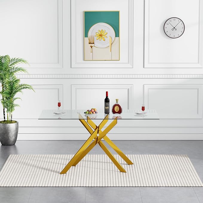 51.18" Glass Dining Table for 4-6, Dining Room Table with Clear Tempered Glass and Gold Metal Legs, Modern Rectangular Kitchen and Dining Room Dinner Table for Kitchen
