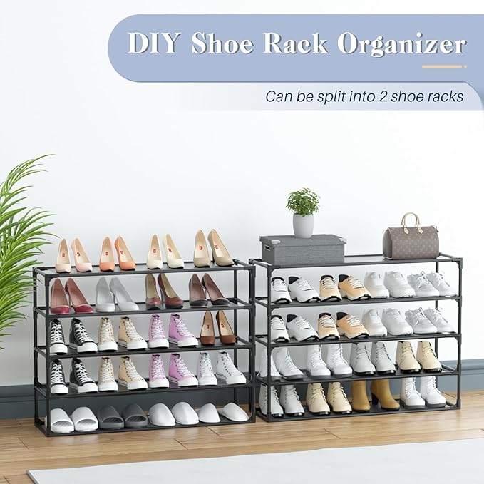 TY ARTS & CULTURE 2 Pack 10-Tiers Shoe Rack Organizer, Sturdy Metal Pipes & Durable Non-Woven Fabric, Space Saving Tall Shoe Shelf Hold 80-100 Pairs, Shoe Racks for Entryway (Black)